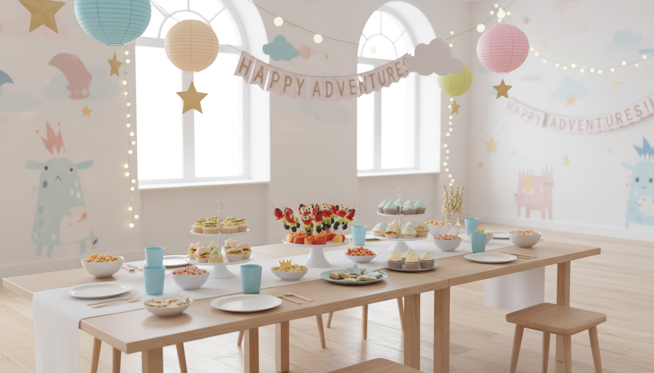 Beautifully arranged themed children's party food on a table.