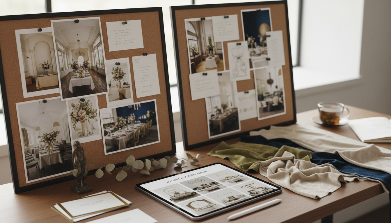 Designer's desk with mood board for themed buffet decor planning