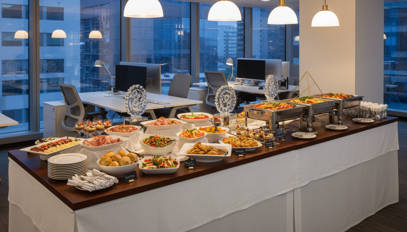 Elegant buffet table decor in a modern office setting with soft lighting